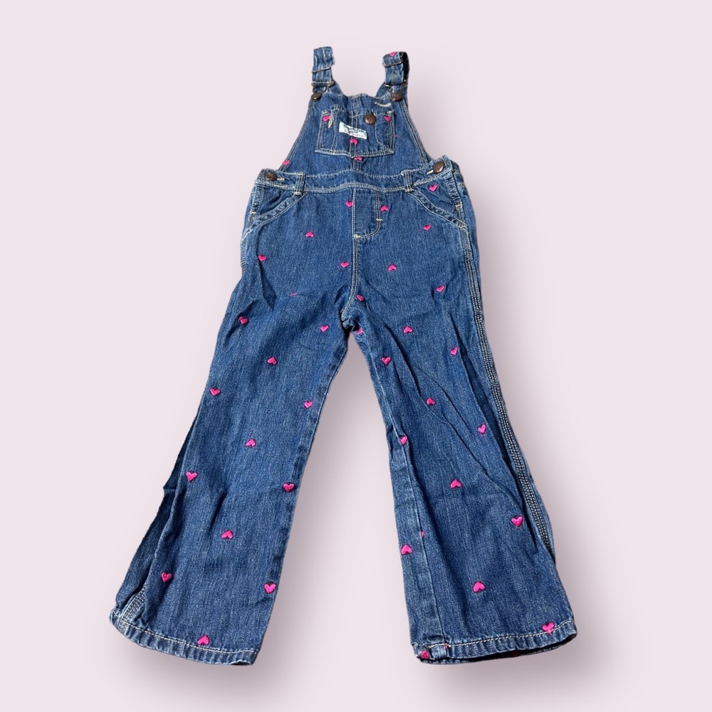 Toddler Girl OshKosh B’Gosh Denim Overalls With All Over Heart Print Size 4T